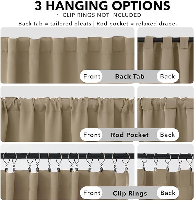 Deconovo Blackout Curtains, Thermal Insulated, W42 x L63 2 Panels, Back Tab, Machine Washable, Room-Darkening Drapes for Bedroom/Living Room Khaki