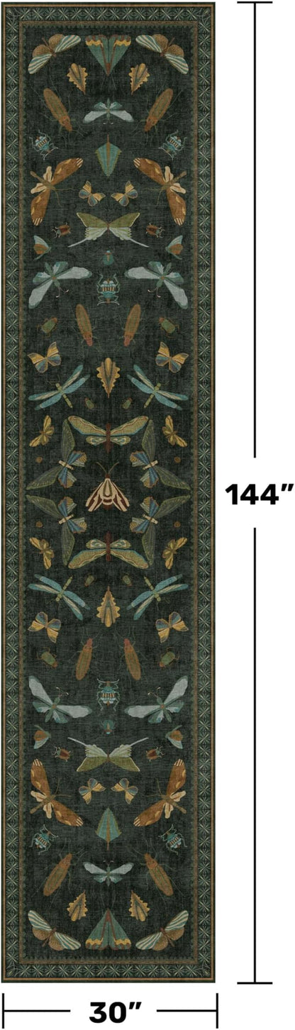 Dark Green 2'6"x12' Long Runner Rugs for Hallway - Boho Wide Washable Non Slip Rug for Indoor Entryway, Kitchen, Low Pile Vintage Whimsical Insect Moth Design, Stain Resistant Ultra Soft Carpet