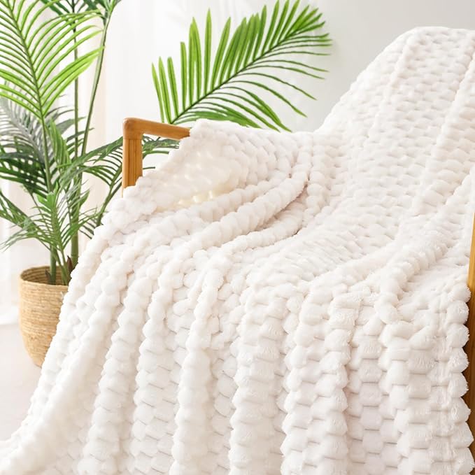 Exclusivo Mezcla Fleece Queen Blanket for Bed, Extra Large Fuzzy Ivory Bed Blankets, Soft Cozy Plush Sofa Throws for All Seasons, 90x90 Inches