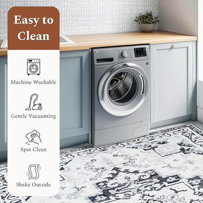 Rugflix 6x9 Area Rug for Living Room, Machine Washable Area Rugs with Non-Slip Backing, Large Soft Boho Vintage Rug for Bedroom, Dining Room, Low Pile Carpet, Kids Pet Friendly, Grey
