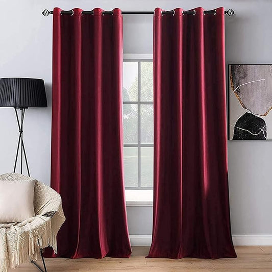 MIULEE Christmas Burgundy Velvet Curtains Solid Soft Red Blackout Curtains Grommet Thermal Soundproof Room Darkening Long Black Out Drapes for Living Room Bedroom 52 x 96 Inch Length 2 Panels