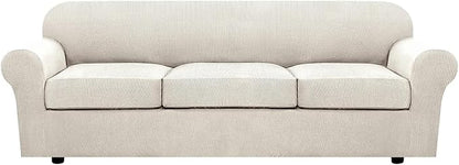 H.VERSAILTEX 4 Piece Stretch Sofa Covers for 3 Cushion Couch Covers for Living Room Furniture Slipcovers (Base Cover Plus 3 Seat Cushion Covers) Thicker Jacquard Fabric (Large Sofa, Ivory)