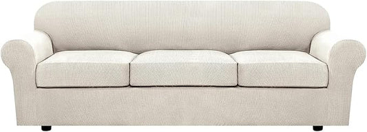 H.VERSAILTEX 4 Piece Stretch Sofa Covers for 3 Cushion Couch Covers for Living Room Furniture Slipcovers (Base Cover Plus 3 Seat Cushion Covers) Thicker Jacquard Fabric (Large Sofa, Ivory)