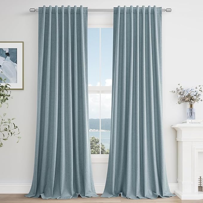 Guken Blue 100% Blackout Curtains 92 Inch Length 2 Panels Set for Living Room Bedroom Back Tab Thermal Insulated Black Out Linen Drapes Room Darkening Window Curtains 92 Inches Long Dusty Blue