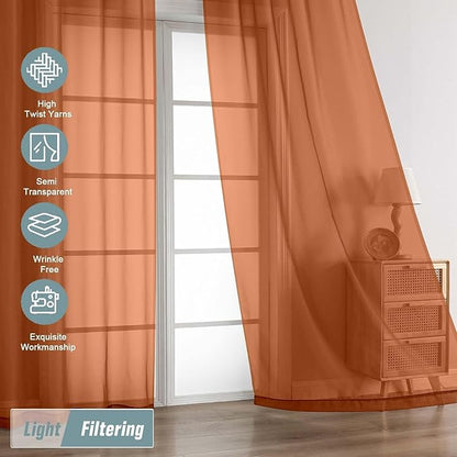 Orange Sheer Curtains for Window 72 inches Long 2 Panels Set, Soft Airy Modern Light Filtering Sheer Curtains for Living Room Bedroom, Dual Rod Pocket Solid Window Drapes, 2x42Wx72L inches