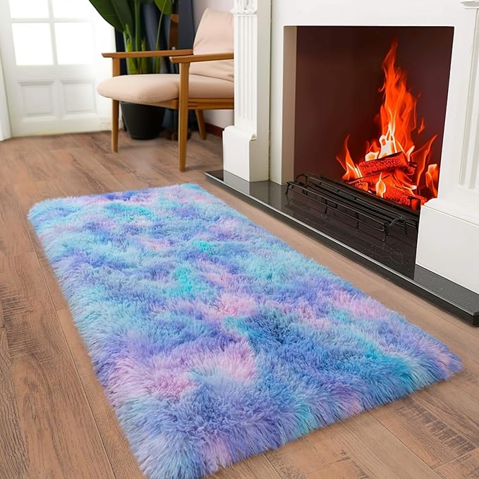Soft Runner Rugs for Bedroom Hallways, 2x4 Purple Rainbow Fluffy Shag Throw Area Rug Non Slip for Bedside Dorm, Long Shaggy Furry Carpet for Nursery Living Room