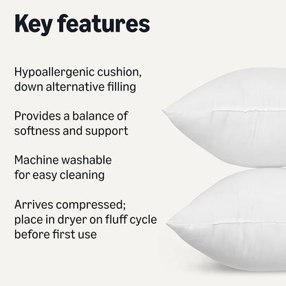 Amazon Basics Square Hypoallergenic Pillow Insert, Sofa Bed Couch Decorative Stuffer, 20", 2 Pack