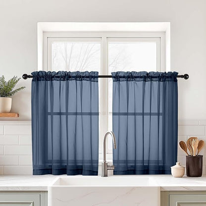 Navy Blue Small Sheer Curtains 2 Panels Set, Kitchen Curtains 36 Inch Length, Elegant Light Filtering Short Window Drapes for Living Room Bedroom, Dual Rod Pocket Design, 2x42Wx36L Inches