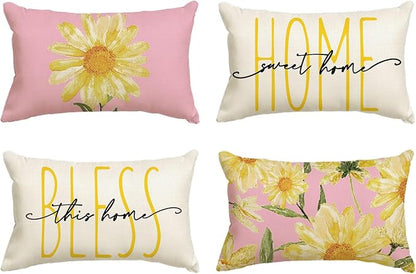 AVOIN colorlife Home Sweet Home Spring Summer Flowers Pink Throw Pillow Covers, 12 x 20 Inch White Cushion Case for Sofa Couch Set of 4