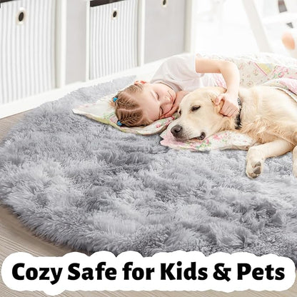 Amdrebio Tie-Dyed Light Grey Round Area Rugs for Living Room, 6x6 Ft, Soft Large Circle Rugs for Bedroom, Big Shag Fluffy Fuzzy Carpet for Kids Room, Modern Floor Circular Rug, Furry Farmhouse Rug
