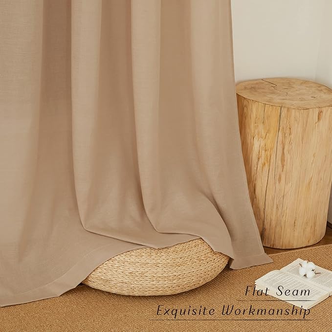 NICETOWN Linen Flax Semi Sheer Curtains 94" Length, Grommet Window Treatments Privacy Added with Light Penetration Vertical Drapes for Loft/Home Office, Camel, W55 x L94, 2 Panels