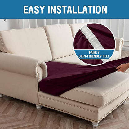 Couch Cover 3-Piece Elastic Velvet Couch Cushion Covers & Chaise Slipcovers for L-Shaped Sofas, Sofa Seat Covers Washable, Soft Cover for Couches (2 Seater + Chaise, Wine)