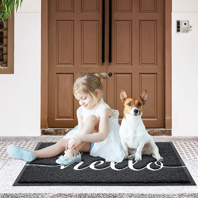 CozyBounty Door Mat Hello Mats Outdoor Indoor Non-Slip Doormat for Entryway Low-Profile Floor Mat for Yard, Garage, High Traffic Areas (32"x20", Black)