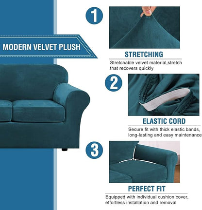 H.VERSAILTEX High Stretch Sofa Slipcover 4 Piece Cover Velvet Furniture Protector Form Fit Thick Velvet Extra Large Sofa Cover for 3 Cushion Couch Width Up to 97 Inch (Large Sofa, Deep Teal)