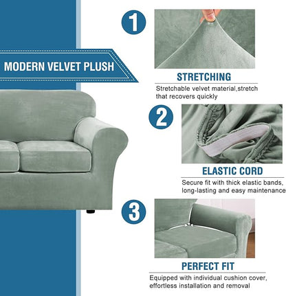 H.VERSAILTEX Rich Velvet Stretch 2 Piece Cover Chair Slipcover Sofa Cover Furniture Protector Couch Soft with Elastic Bottom Chair Couch Cover with Arms Width Up to 49 Inch(Chair, Sea Grass)