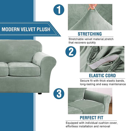 H.VERSAILTEX Real Velvet Plush 3 Piece Stretch Sofa Covers Couch Covers for 2 Cushion Couch Loveseat Covers Width Up to 72 Inch Thick Stay in Place (Medium Sofa, Sea Grass)