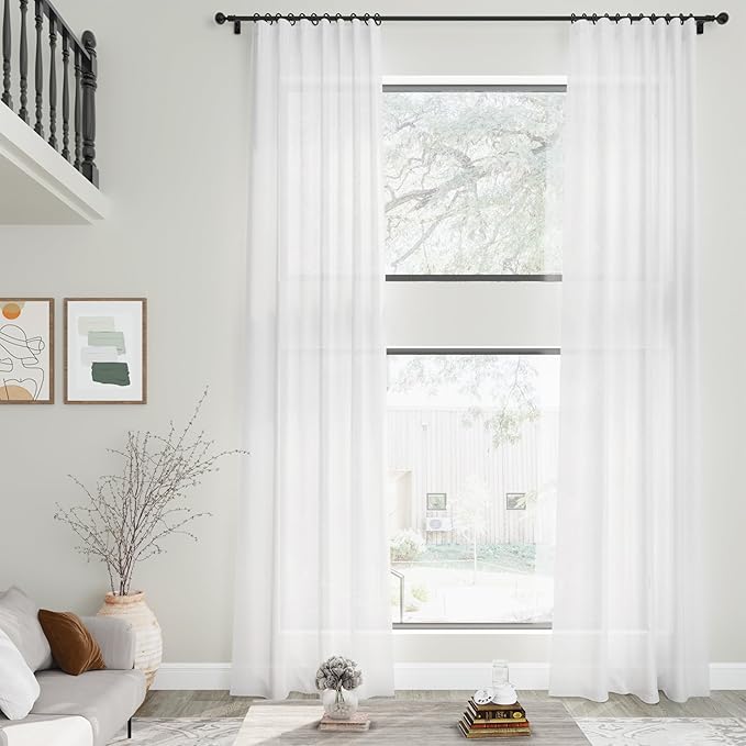 Nanspring Extra Long Linen Curtains 136 Inches Long for Dinning Room 2 Panels Set White Back Tab Rod Pocket Light Filtering Semi Sheer Drapes Linen Textured Window Curtain for Bedroom 52x136