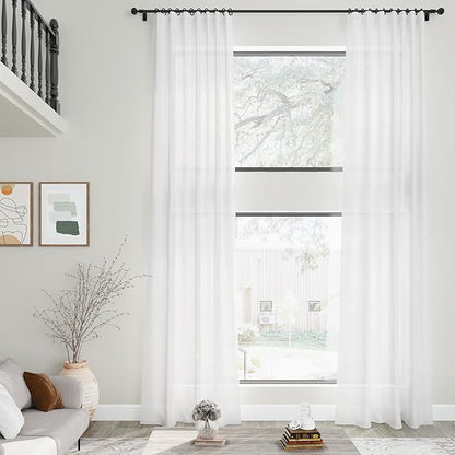 Linen White Curtains 135 inch Extra Long for Living Room Back Tab Light Filtering Semi Sheer Drapes Modern Farmhouse Coastal Decor Cotton Textured Curtain for Floor to Ceiling High Window 52x135