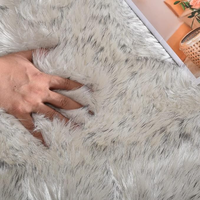 ORINOVA White and Grey Ultra Soft Faux Fur Shaggy Runner Rug 2x6 for Nursery Teen Room Dormitory Living Room Washable Furry Area Rug Décor