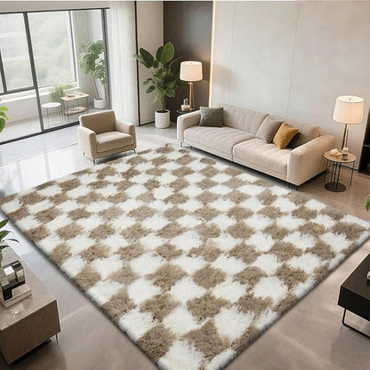 Checkered Area Rugs for Living Room 6x9, Fluffy Beige and White Checkered Rug Fuzzy Shag Shaggy Carpets for Bedroom, Soft Plush Furry Rug for Boy Girls Room Dorm Home Decor