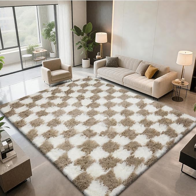 4x6 Checkered Area Rugs for Bedroom, Fluffy Beige and White Checkered Rug Fuzzy Shag Shaggy Carpets for Living Room, Soft Plush Furry Rug for Boy Girls Room Dorm Home Decor