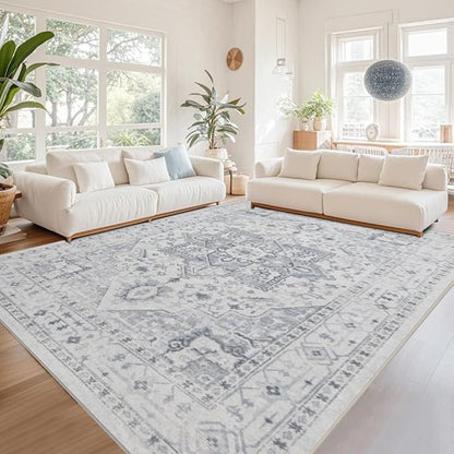 Srugn Area Rug 6x9 Washable Area Rugs for Living Room- Ultra Soft Non-Shedding Faux Wool Bedroom Rug Large Grey Vintage Print Rugs with Non Slip Rubber- Indoor Retro Foldable Carpet for Dining Room