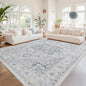 Srugn Area Rug 6x9 Washable Area Rugs for Living Room- Ultra Soft Non-Shedding Faux Wool Bedroom Rug Large Grey Vintage Print Rugs with Non Slip Rubber- Indoor Retro Foldable Carpet for Dining Room