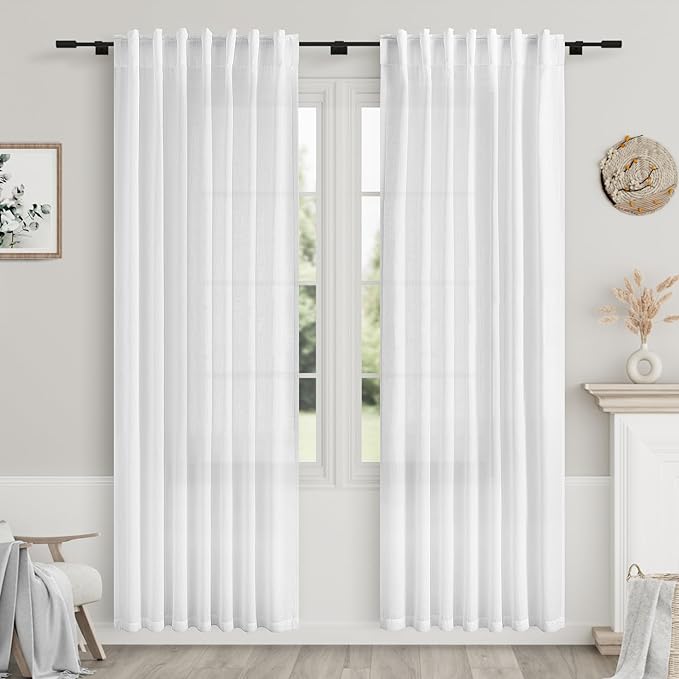 Nanspring White Linen Curtains 89 Inches Long for Bedroom Back Tab Light Filtering Privacy Sheer Curtains Modern Farmhouse Decor Linen Textured Gauze Curtain for Bathroom 2 Panels Set 52x89