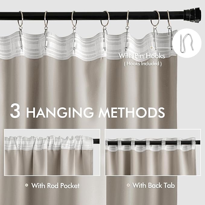 MIULEE Natural Back Tab Blackout Curtains 90 Inches Long 2 Panels Set for Living Room Bedroom Privacy, Rod Pocket/Pinch Pleat Thermal Insulated Room Darkening Pleated Light Blocking Drapes