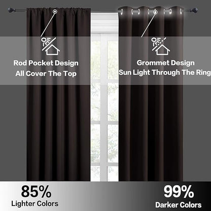RYB HOME Bedroom Blackout Curtains - Thermal Insulated Noise Reducing Room Darkening Curtains Sunlight Shades Draperies for Nursery Bedroom Bathroom, 42 W x 45 L, Brown, Set of 2