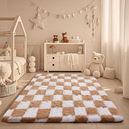 Ophanie Checkered Beige & White Rug for Living Room Bedroom, Fluffy Soft Cute Fuzzy Area Rugs, Shag Plush Shaggy Bedside Floor 4x6 Furry Carpet for Kids Baby Teen Dorm Nursery Home Decor Aesthetic