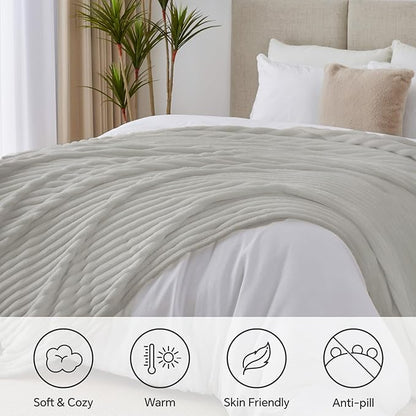 BEDELITE King Size Blanket for Bed, 300GSM Soft & Warm Fleece Blanket, Decorative and Giftable Striped Light Grey Blankets for Women, Men, 108"x90"