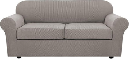 H.VERSAILTEX 3 Piece Stretch Sofa Covers for 2 Cushion Sofa Couch Covers for Living Room Sofa Slipcovers (Base Cover Plus 2 Seat Cushion Covers) Thicker Jacquard Fabric(Large Sofa, Taupe)