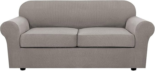 H.VERSAILTEX 3 Piece Stretch Sofa Covers for 2 Cushion Sofa Couch Covers for Living Room Sofa Slipcovers (Base Cover Plus 2 Seat Cushion Covers) Thicker Jacquard Fabric(Large Sofa, Taupe)