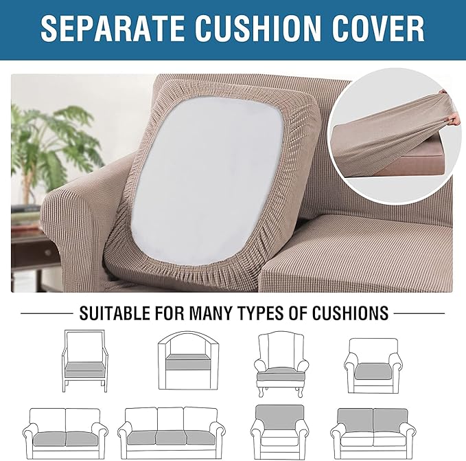 H.VERSAILTEX 4 Piece Stretch Sofa Covers for 3 Cushion Couch Covers for Living Room Slipcovers (Base Cover Plus 3 Seat Cushion Covers) Upgraded Thicker Jacquard Fabric (Sofa, Sand)