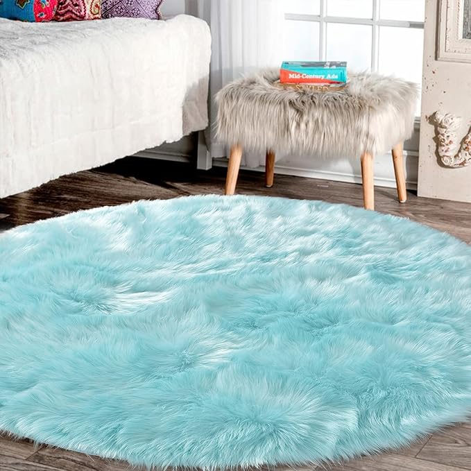 Latepis Blue Round Rugs 6ft Faux Sheepskin Fur Large Circle Rug for Living Room Bedroom Fluffy Plush Furry Rug Home Décor