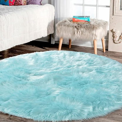 Latepis Blue Round Rugs 6ft Faux Sheepskin Fur Large Circle Rug for Living Room Bedroom Fluffy Plush Furry Rug Home Décor