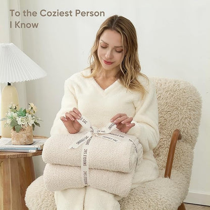 Snuggle Sac Queen Size Oversized Super Soft Bed Blanket - Warm & Cozy Knit Fuzzy Microfiber Blankets in Heather Ivory, 90 x 90