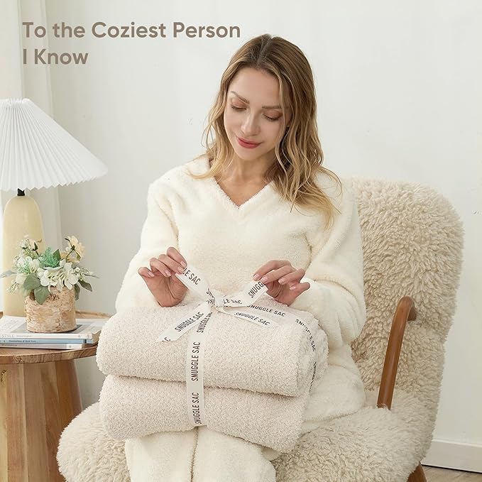 Snuggle Sac Buttery Ivory Bedding Blankets Twin Size 60x80, Super Soft Blankets Warm Cozy Knit Fuzzy Plush Blanket for Sofa, Bed, Living Room, Heather Ivory, 60x80 inches