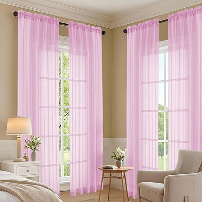 OVZME Light Pink Sheer Curtains 63 Inches Long 2 Panels Set, Light Filtering Sheer Curtains for Living Room Bedroom 59 Inch Extra Wide, Modern Voile Filmy Rod Pocket Window Drapes, 59Wx63L Inches