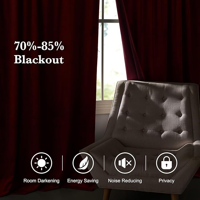 RYB HOME Burgundy Red Velvet Curtains for Christmas Decor, Soft Luxury Backdrops for Studio Theater, Rod Pocket & Back Tab Modern Design for Bedroom Living Room, 52" W x L90 L, 2 Panels Set