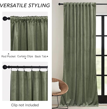 RYB HOME Extra Long Velvet Curtains 120 inches Long, High Ceiling Curtains for Living Room Bedroom Sliding Glass Door, Sage Green, W 52 x L 120, 2 Panels Set