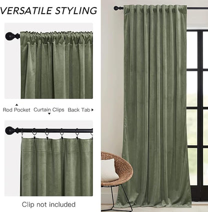 RYB HOME Sage Green Velvet Curtains 100 inches with Hook Belt, Soft Fabric Room Darkening Thermal Insulated Luxurious Home Decor Curtains for Living Room Bedroom, W 52" x L 100", 2 Panels Set