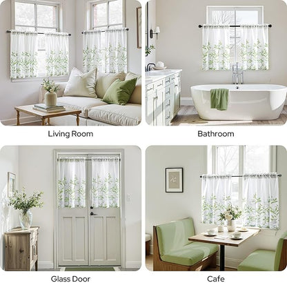 HOMEIDEAS Kitchen Curtains, Short Non-See-Through Privacy 30X24 Inch Length Tier Curtains, Green and White Leaf Floral Print Light Filtering Semi Sheer Small Window Drapes for Bathroom Cafe, 2 Panels