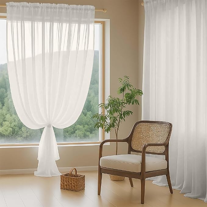 Ivory Sheer Curtains 120 Inches Long 2 Panels, Extra Long Light Filtering Modern Window Curtains for Sliding Glass Door, Rod Pocket Voile Drapes for Living Room Bedroom, 2x42Wx120L Inches