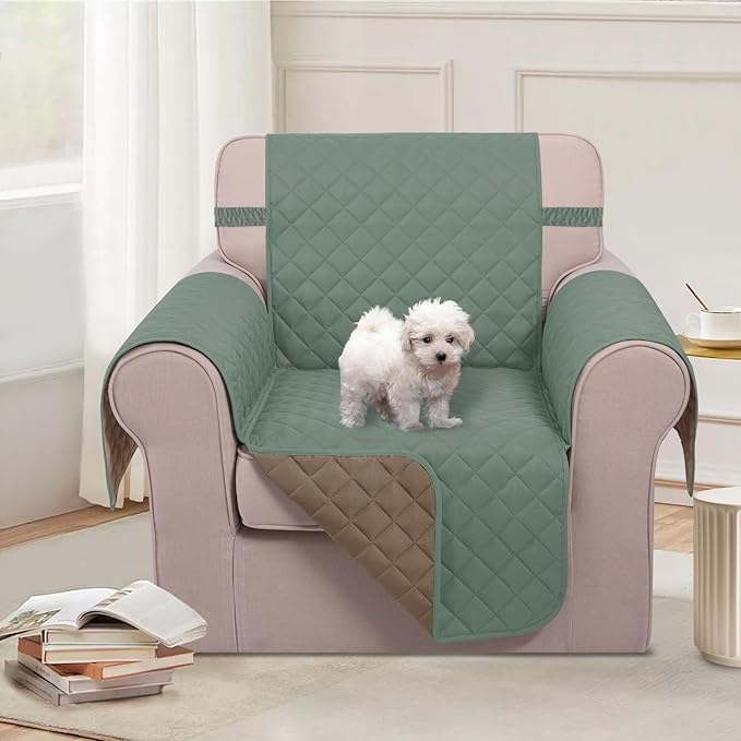 U-NICE HOME Reversible Oversized Chair Covers Quilted Water Repellent Pet Protectors with Elastic Straps(28''Armchair, Greyish Green/Taupe)