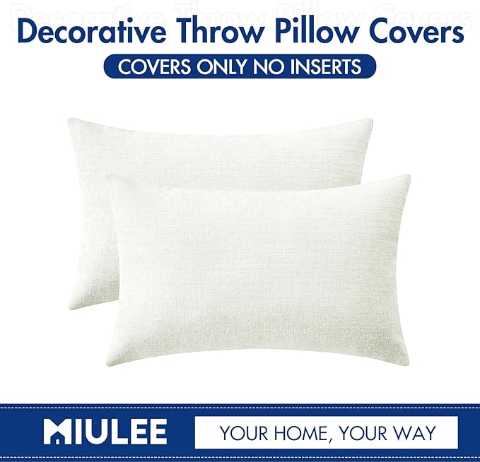 MIULEE Pack of 2 Couch Throw Pillow Covers 12x20 Inch Soft White Chenille Lumbar Pillow Covers for Sofa Living Room Solid Dyed Cases