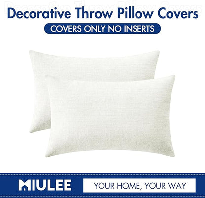 MIULEE Pack of 2 Couch Throw Pillow Covers 12x20 Inch Soft White Chenille Lumbar Pillow Covers for Sofa Living Room Solid Dyed Cases