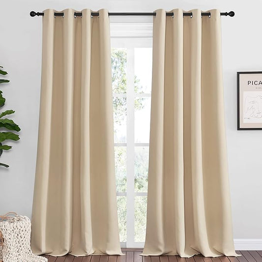 NICETOWN Bedroom Room Darkening Curtains, Biscotti Beige, 1 Pair, 55 inches by 102 Inch, Triple Weave Microfiber Grommet Top Thermal Insulated Solid Darkening Panels/Drapes for Kid's Room
