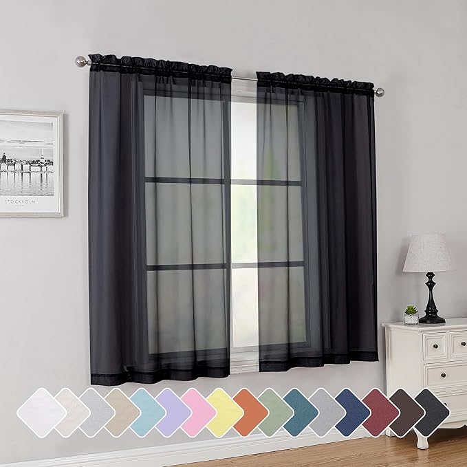 Simplebrand Rod Pocket Top Solid Voile Sheer Curtains for Bedroom, 54 Inch Length Drapes Set of 2, Lightweight and Light Filtering Elegant Black Curtains Panels Window Treatment, 42W×54L, Black